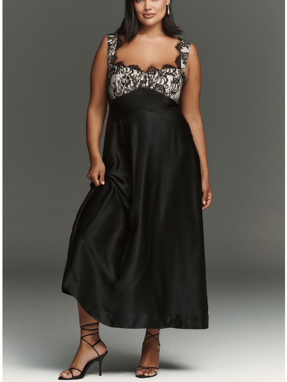 Anthropologie Black Satin Maxi Slip with Cream Lace Bodice Accents